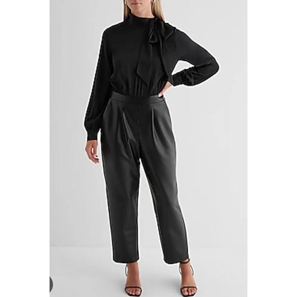 Express work faux leather tie neck long sleeve straight leg jumpsuit small‎